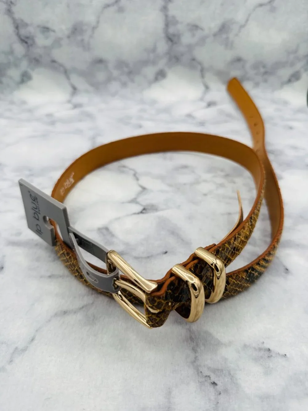 LP Blue Snake Print Belt Caramel Animal Print Gold Buckle 1.5in Width,Size L,NEW - Picture 7 of 11